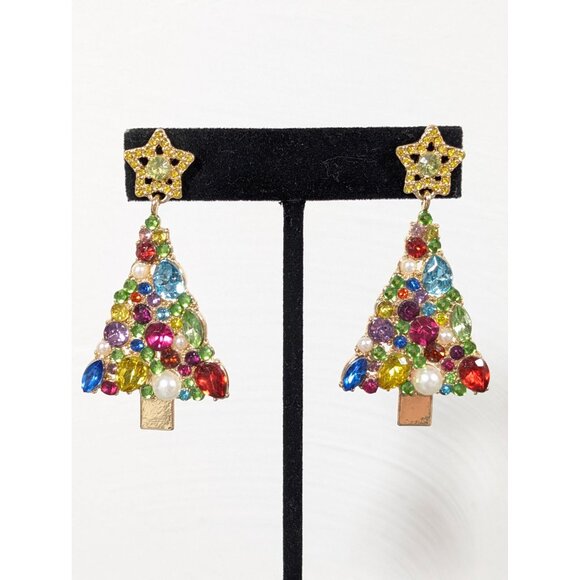 Christmas Tree Rhinestone Earrings Drop Statement Faux Pearl Gold Tone - Picture 1 of 8